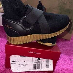 Salvatore Ferragamo Black Knit Slip-On Sneaker with Gold Ribbed Sole